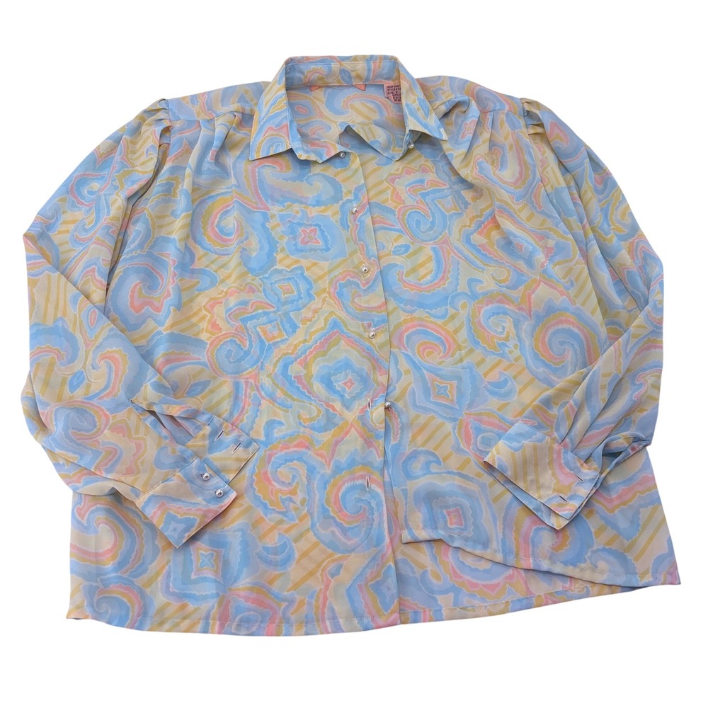 Vintage Pastel Psychedelic Swirl Geometric Button Down Blouse Size 8 Retro 80s